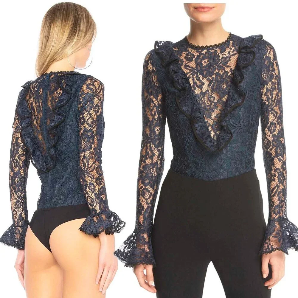 Alexis Womens Pollie Illusion Voulant Bodysuit Lace Top Blouse Navy - NWT M